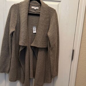 LOFT Ribbed Wool and Alpaca Blend Open Front Cardigan - Tan, size L NWT